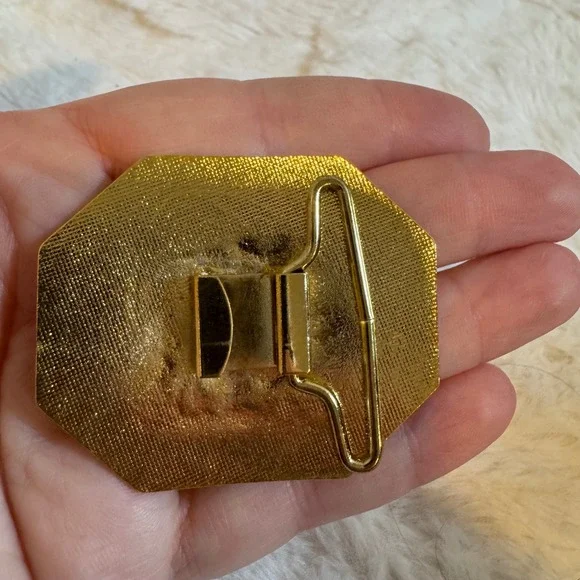 Vintage Cloisonne Enamel Bird and Flower Octagon Belt Buckle Gold Tone 2.25" - Picture 2 of 4